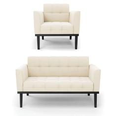 Sofá Namoradeira E Poltrona Base De Madeira Preto Elisa Veludo D03 - D