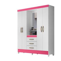 Guarda Roupa 4 Portas Com Espelho Capri Branco Rosa 831442