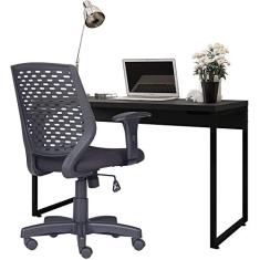 Kit Cadeira Escritório Tech Corino e Mesa Escrivaninha Industrial Soft F01 Preto Fosco - Lyam Decor