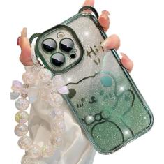 Linda capa para iPhone 15 Pro Max, capa com estampa de urso com corrente de pulso borboleta pérola para mulheres/meninas, presente de papel com glitter removível, TPU macio, à prova de choque para