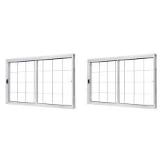 Kit com 2 Janelas de Aço de Correr Central 100x150cm 2 Folhas com Grade Quadriculada e Vidro Liso Branco