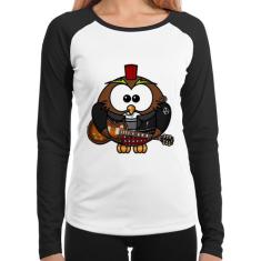 Baby Look Raglan Coruja Rock Guitarra Manga Longa - Foca na Moda, Bran