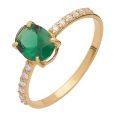 Anel de Ouro 18k com Pedra Sintética Verde Oval e Zircônia - Meu Anel,