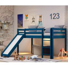 Cama Alta Kids com Escorregador em Madeira Maciça - Azul