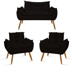 Kit Sofá Opala + 2 Poltronas Opala Sala De Estar Cor:preto