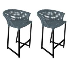 Kit 2 Banquetas Reis em Corda Náutica e Base em Alumínio Preta para Ár