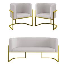 Kit 2 Poltronas + Sofá 2 Lugares Base De Metal Gold Veludo Bege