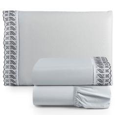 Jogo De Lençol Solteiro 3 Peças Basic Percal 180 Fios Lese Bordado Inglês - Cinza