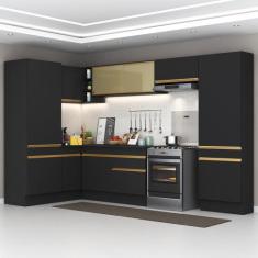 Armário Cozinha Completa de Canto Veneza Multimóveis V2090, Preto/Dour