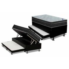 Cama Box Baú c/Auxiliar Solteiro: Colchão Molas Ortobom Nanolastic Light + Base CRC Courano Black(88x188)