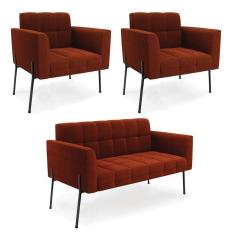 Namoradeira E 2 Poltronas Pé De Ferro Pto Elisa Bouclê Terra D03 - D`rossi