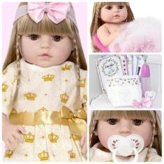 Boneca Reborn de Silicone Princesa Loira Diversos Itens Fofa - Cegonha