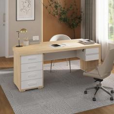 Mesa para Escritório em Tamburato com 6 Gavetas Carvalho/Branco