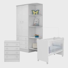 Quarto de Bebê Completo Berço com Rodízios Guarda Roupa e Cômoda Linha Doce Sonho Branco Qmovi