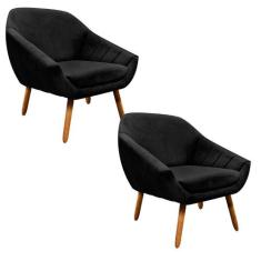 Kit 02 Poltronas Giovana Suede Pés Palito Castanho Preto - DROSSI