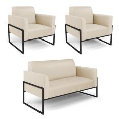 Sofá Namoradeira com 2 Poltronas Base Industrial Alta Preto Marisa mat