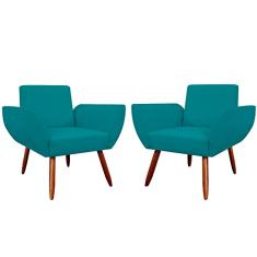 Kit 02 Poltronas Decorativas Flora Pés Palito Suede Azul Turquesa - DS Estofados