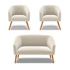 Kit 1 Sofá Namoradeira E 2 Poltronas Stella Bouclê Bege Pés Palito Castanho D`rossi