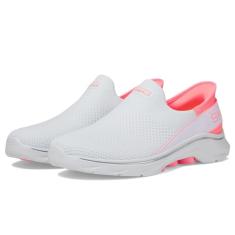 Skechers GO Walk 7 MIA feminino, Acabamento rosa neon em tecido branco, 36