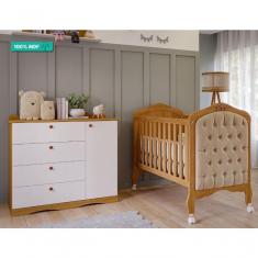 Quarto De Bebê Berço Mini Cama Com Capitone Harmonia E Cômoda 1 Porta 4 Gavetas Encanto Permobili Nature-branco