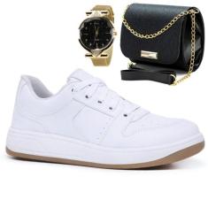 Tênis Sapato Casual Confortável Leve Macio Branco Básico Feminino + Bo