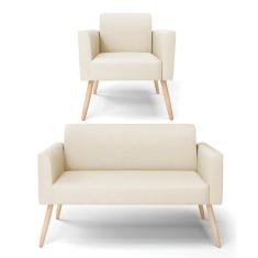 Sofá Namoradeira com Poltrona Pés Palito Natural Marisa Linho Bege A19