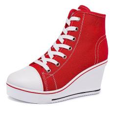 Hurriman Tênis feminino de cunha, plataforma de salto alto, cano alto, sapatos de lona, cadarço e zíper, tênis Zapatos de Cuña Plataforma Tacón para mulheres, Suitbale para cosplay Y2K e Harley Quinn,