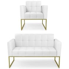 Sofá Namoradeira E 1 Poltrona Base Industrial Dourado Ana Sintético Branco - Ibiza