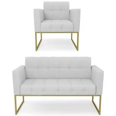 Sofá Namoradeira E 1 Poltrona Base Industrial Dourado Ana Linho Cinza - Ibiza