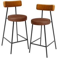 Kit 02 Banquetas Baixa Cozinha Sala Jantar Bancada Milão L02 Couríssimo Whisky Marrom - Lyam Decor