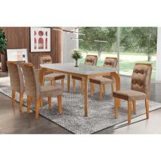 Mesa Cozinha Londrina c/ Tampo Madeirado c/ Vidro Canto Curvo 180x90cm e 6 cadeiras Imperatriz Imbuia/Off White - Suede Capuccino-Rufato