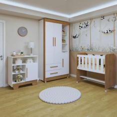 Quarto de Bebê Completo 100% Mdf com Guarda Roupa, Cômoda e Mini Berço