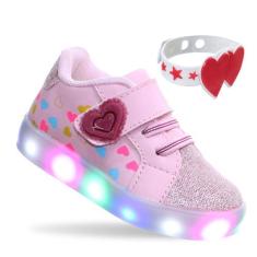 Tenis Calçado Luzinha Led Infantil Menina Coração Com Pulseira Rosa - 