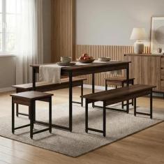 Conjunto Mesa de Jantar com 2 Bancos e 2 Banquetas Estilo Industrial A