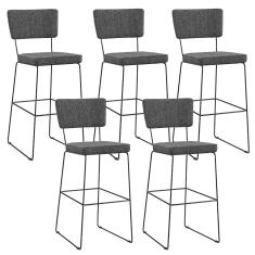 Kit 05 Banquetas Alta Para Cozinha Sala De Jantar Base Aço Fixa Allana L02 Linho Chumbo - Lyam Decor