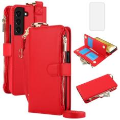 Asuwish Capa Flip para Samsung Galaxy S22 5G (6,1 polegadas) com Protetor de Tela de Vidro Temperado, Carteira com Zíper, Bloqueio RFID, Vermelho