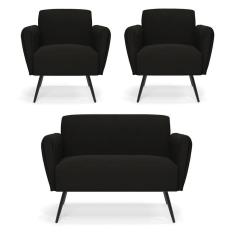 Sofá Namoradeira Com 2 Poltronas Pés Palito De Ferro Bruna Suede - D`rossi Cor Preto