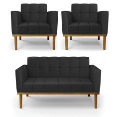 Sofá Namoradeira E 2 Poltronas Base Madeira Castanho Elisa Corino Preto D03 - D`rossi