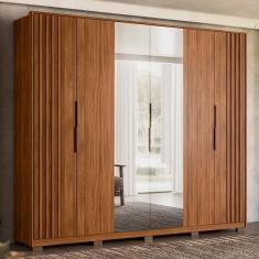 Guarda Roupa Casal Atrice Ripado 6 Portas Nogueira Touch Com 2 Espelhos E Pés - Demartêz