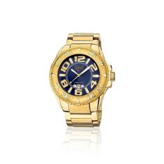Relógio Pulso Everlast Masculino Calendário Aço E627, Dourado+Azul