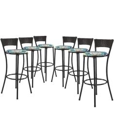 Kit Com 6 Banquetas Altas Forts Fibra Uv Bancada, área Goumert, Bar, Piscina, Balcão, Floral Azul