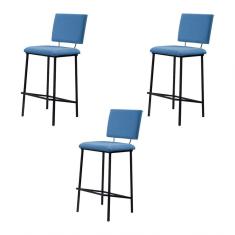 Kit 3 Banquetas Fixa Decorativa Base De Aço Marcius Linho Azul Jeans - Gran Belo