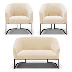 Sofá Namoradeira E 2 Poltronas Base Industrial Preto Stella Suede D03 - D'rossi Cor Bege