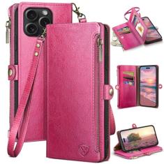 XcaseBar Capa carteira compatível com iPhone 16 Pro de 6,3 polegadas com zíper para cartão de crédito 【bloqueio RFID】, capa flip fólio de couro PU à prova de choque masculina feminina para Apple 16