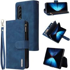 LBYZCASE Capa para Galaxy Z Fold 5 5G 2023 com compartimentos para cartão, flip durável com fecho magnético de couro com zíper e alça de pulso feminina masculina capa para Samsung Galaxy Z Fold 5