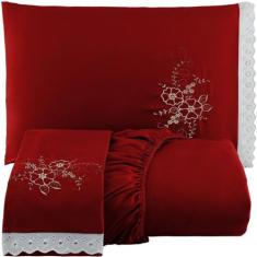 Jogo de Cama Solteiro Bordado 2 Peças Com Detalhes em Lese Vermelho - 