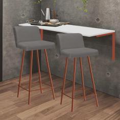 Kit Mesa Suspensa de Parede Fixa mdf Branco + 2 Banquetas Lexi Ferro Bronze Sintético Cinza - Ahazzo Móveis