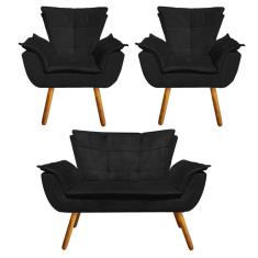 Kit 01 Namoradeira 02 Poltronas Opala Suede Preto Pés