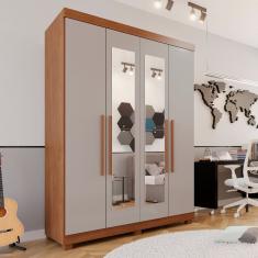 Guarda-roupa Solteiro 4 Portas 3 Gavetas com Espelho com Pés Roma Espresso Móveis Cinamomo/Off White