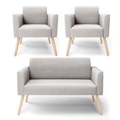 Sofá Namoradeira Com 2 Poltronas Pés Palito Natural Marisa Veludo D03 - D\`rossi Cor Cinza